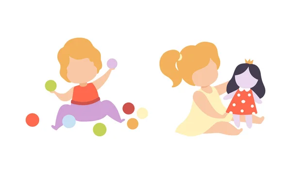 Bébé garçon et fille assis sur le sol et jouant des jouets dans l'ensemble vectoriel de pépinière — Image vectorielle