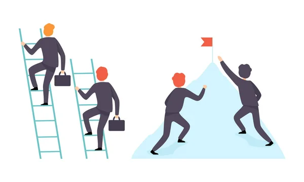 Bedrijfsleven en Carrière Concurrentie met Man Office werknemer Rivaliteit Klimmen Ladder en Mountain Reaching Doel Vector Set — Stockvector