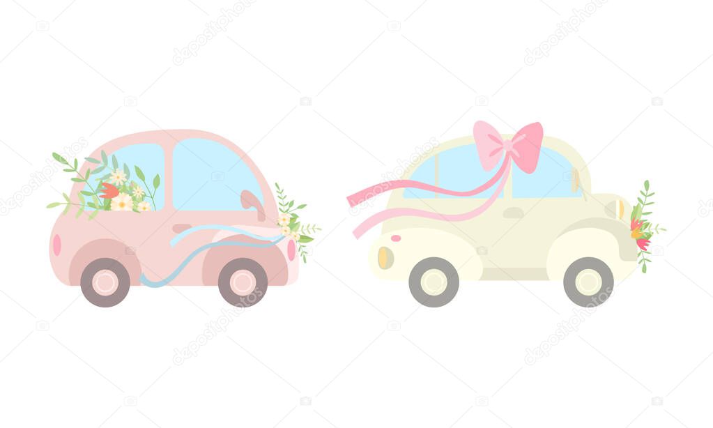 Vintage Car Decorated with Flowers and Ribbon as Wedding Retro Vehicle Vector Set