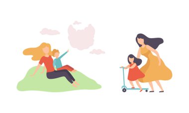 Kadın Ebeveynler ve Çocuğu Birlikte Güzel Zamanlar Geçiriyor Bulutları İzliyor ve Scooter Vector setini Tekmeliyor