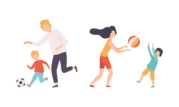 Los padres y sus hijos pasan un buen rato juntos Juego de vectores de fútbol y voleibol — Vector de stock