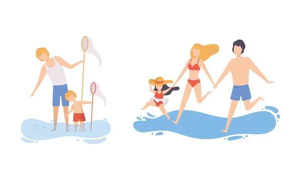 Family at Beach Scene with Father, Mother and Kid Having Fun Catching Fish with Net and Splashing in Water Vector Set — Stock Vector