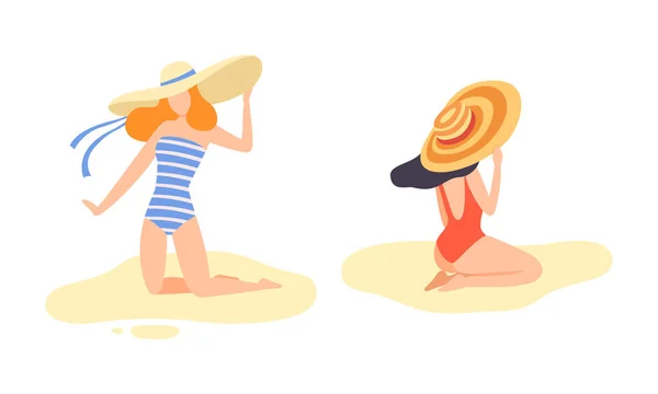 Jonge vrouw in badpak en brede hoed op zee aan de kust zonnebadende vectorset — Stockvector