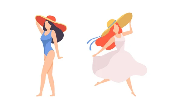 스윙 슈트를 입은 젊은 여자와 바다에서 챙 이 넓은 모자를 쓰고 일광욕을 즐기는 벡터 세트 장에서 — 스톡 벡터