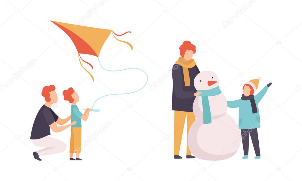 Man Parent and His Son Spending Good Time Together Building Snowman and Flying Kite Vector Set