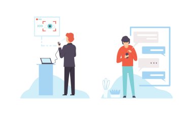 Modern Gadget ile Adam Karakteri Kablosuz Dijital Teknoloji Vektörü Ayarları