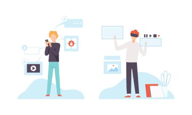 Modern Gadget ile Adam Karakteri Kablosuz Dijital Teknoloji Vektörü Ayarları