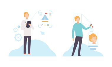 Modern Gadget ile Adam Karakteri Kablosuz Dijital Teknoloji Vektörü Ayarları