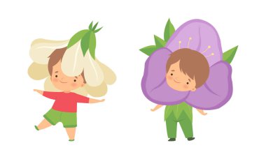 Çiçek Giyen Şirin Küçük Çocuklar Kostüm Vektörü Seti