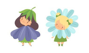 Çiçek Giyen Şirin Küçük Çocuklar Kostüm Vektörü Seti