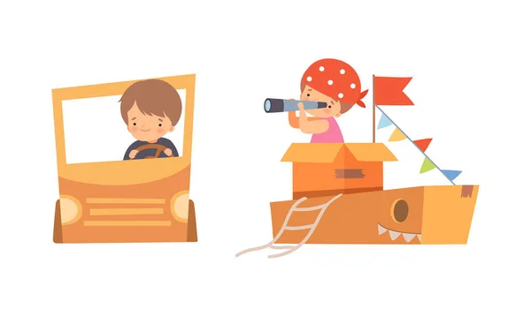 Cute Creative Little Boy Driving Cardboard Car and on Board of Ship Playing Toy Vector Set — Stock Vector