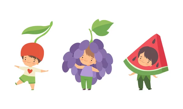 Cute Little Kids Wearing Berry Costume Vector Set — Stock Vector