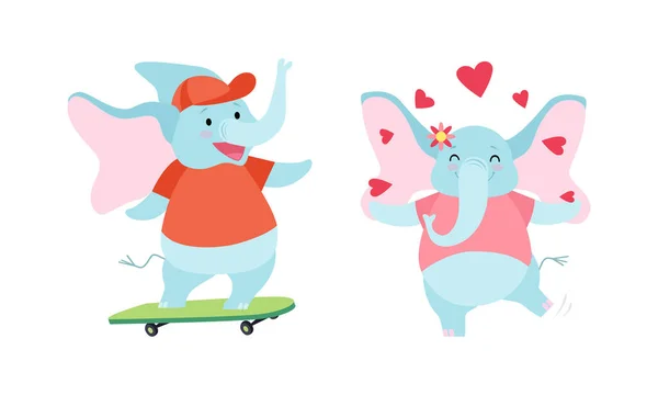 ( 영어 ) Cute Blue Elephant with Trunk Skateboarding and Juggling with Hearts Vector Set — 스톡 벡터