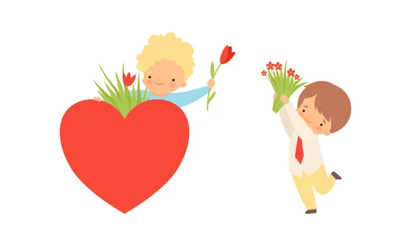 Lindo niño dando flores expresando felicitación conjunto de vectores — Vector de stock