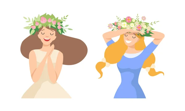 Jeune femme aux cheveux splendides ayant une couronne florale sur sa tête ensemble vecteur — Image vectorielle