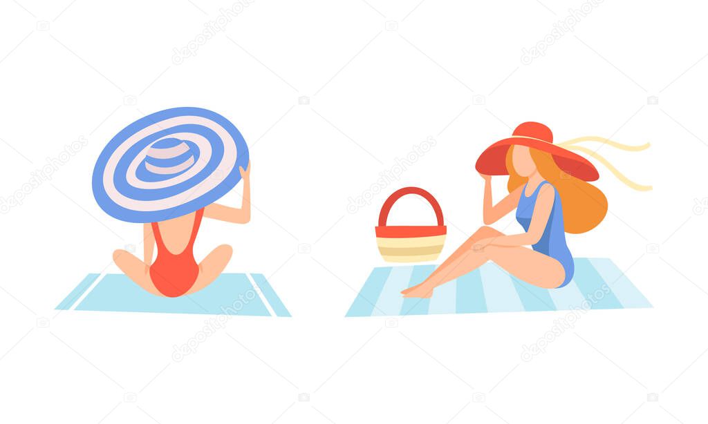 Young Woman in Swimsuit and Wide Brimmed Hat at Sea Shore Sunbathing Vector Set