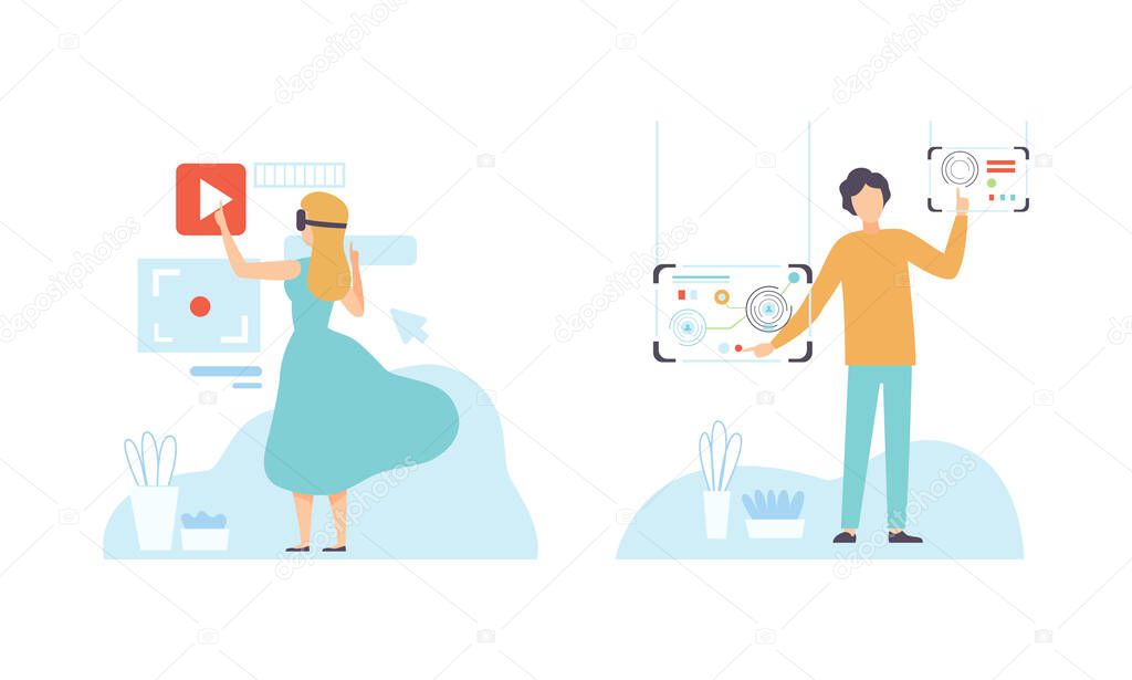 Man and Woman Character with Augmented Reality Glasses Using Wireless Digital Technology Vector Set