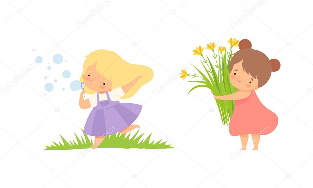 Cute Little Girl Holding Bouquet with Grass and Blooming Flower and Blowing Soap Bubbles Vector Set