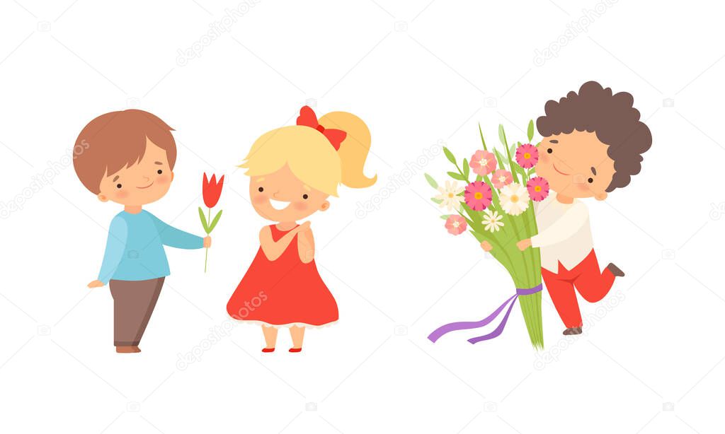 Cute Little Boy Giving Flowers to Girl Expressing Congratulations Vector Set