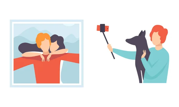 Joven hombre y mujer tomando selfie con Smartphone cámara vectorial conjunto — Vector de stock