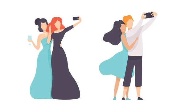 Jovem Homem e Mulher Tirando Selfie com Smartphone Camera Vector Set — Vetor de Stock