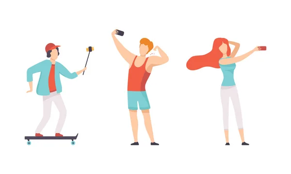 Giovane uomo e donna scattare selfie con smartphone fotocamera vettoriale Set — Vettoriale Stock