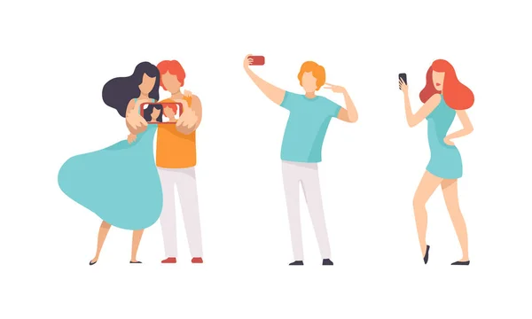 Jeune homme et femme prenant Selfie avec Smartphone Camera Vector Set — Image vectorielle