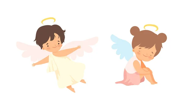 Симпатичные ангелы-младенцы с нимбом и набором векторов — стоковый вектор