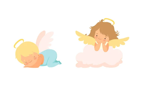 Bébé Anges mignon avec Nimbus et Ailes Ensemble vectoriel — Image vectorielle