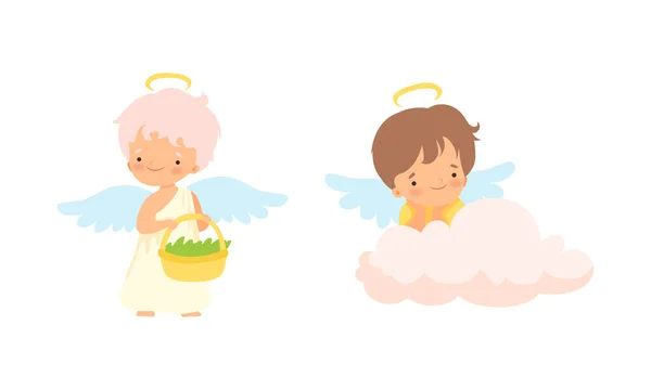 Leuke Baby Engeltjes met Nimbus en Wings Vector Set — Stockvector