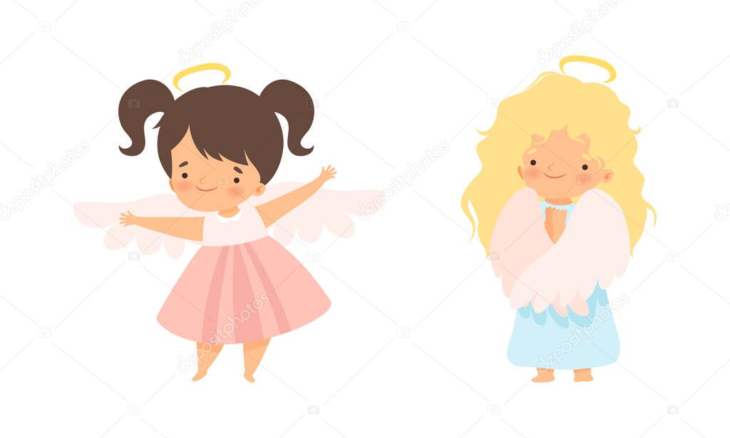 Cute Baby Angels with Nimbus and Wings Vector Set