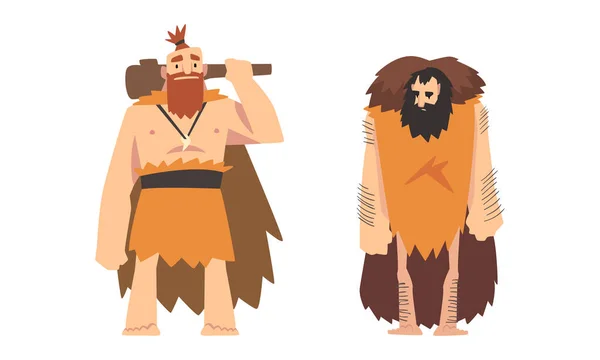 動物の皮膚を身に着けている石器時代の原始的な男のキャラクターとホールディングブルドーンベクターセット — ストックベクタ