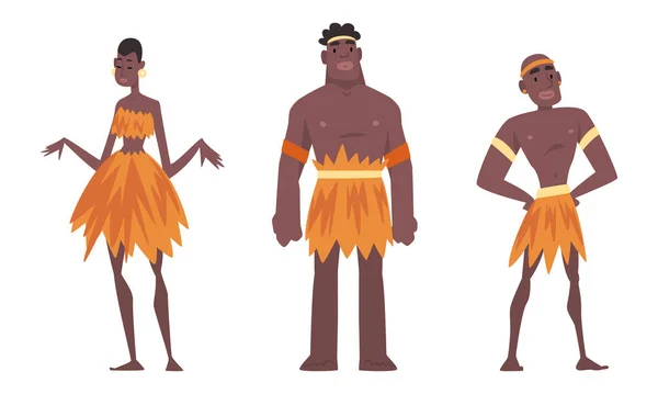 Hombre y mujer aborígenes africanos vestidos con ropa tribal tradicional conjunto de vectores — Archivo Imágenes Vectoriales