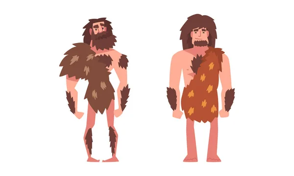 Primitieve Man Karakter uit het Stenen Tijdperk Het dragen van Animal Skin Vector Set — Stockvector