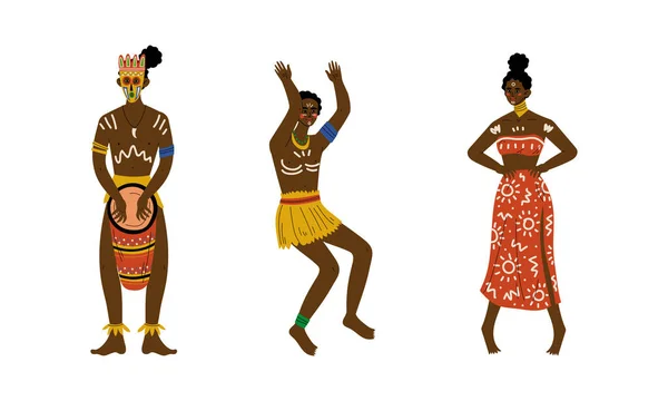 African Aborygeni mężczyzna i kobieta z malowaną twarzą ubrany w tradycyjne plemienne ubrania wektor zestaw — Wektor stockowy
