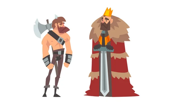 Medieval Warrior with Hatchet and King in Mantle with Crown on His Head Vector Set — Stock Vector