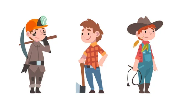 Μικρό αγόρι ντυμένο ανθρακωρύχος, ξυλοκόπος και Cowboy Vector Set — Διανυσματικό Αρχείο