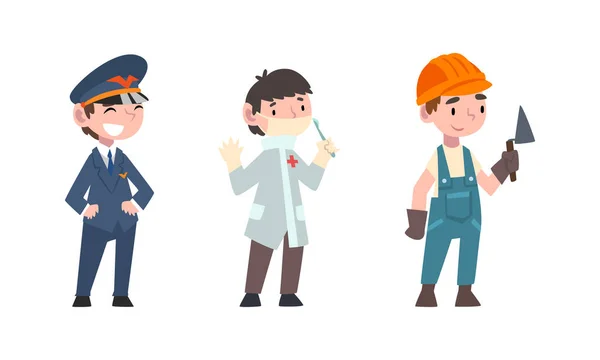 Pequeño niño vestido como piloto, doctor y constructor conjunto de vectores — Vector de stock