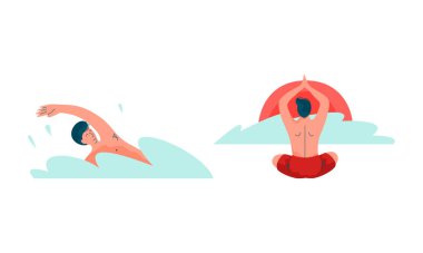 Suda Sıçrayan Adam Yüzüyor ve Oturuyor Yoga Poz Vektörü Seti