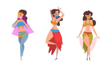Güzel Doğu Kadını Dans Eden Göbek Dansı Vektörü Set
