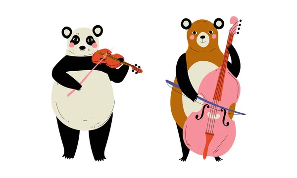 바이올린 과 첼로 연주회 벡터 세트 를 연주하는 재미있는 판다 와 곰 캐릭터 — 스톡 벡터
