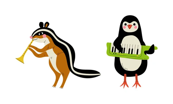 Lustiges Streifenhörnchen und Pinguin-Charakterspiel mit Tastatur und Flöte — Stockvektor
