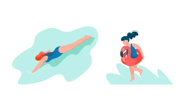 Kvinna i baddräkt Simning och flyter med gummi ring vektor set — Stock vektor