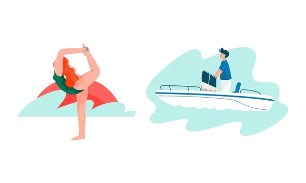 Γυναίκα με μαγιό που στέκεται στο Yoga Pose and Man Sailing on Motor Boat Vector Set — Διανυσματικό Αρχείο