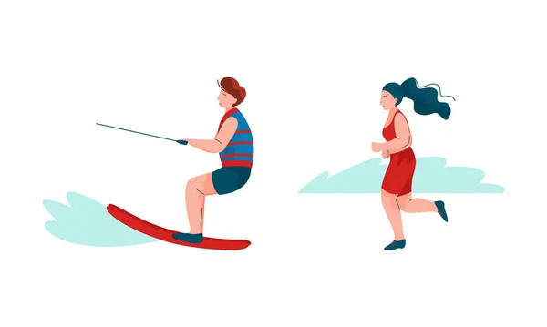 Man vindsurfing och kvinna i baddräkt kör längs stranden Vector Set — Stock vektor
