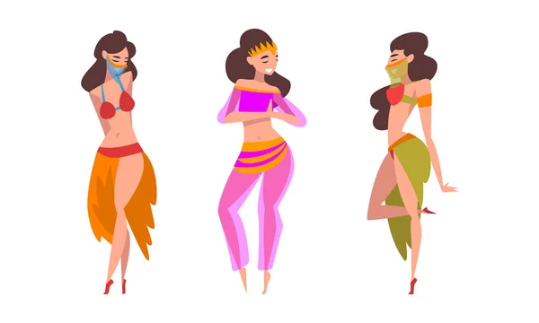 Beautiful Eastern Woman Dancing Belly Dance Vector Set — Stock Vector