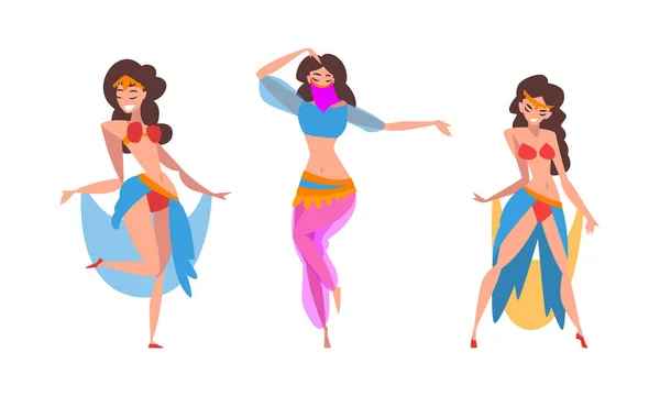 Vackra Eastern Woman Dancing Belly Dance Vector Set — Stock vektor