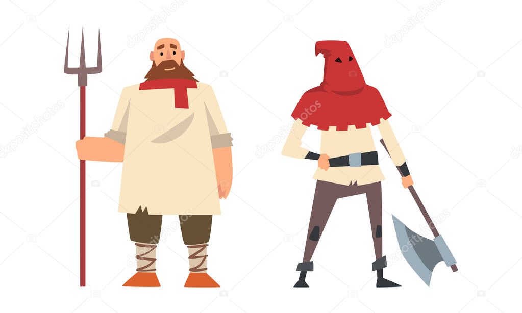 Medieval Peasant with Pitchfork and Hooded Executor with Ax Vector Set