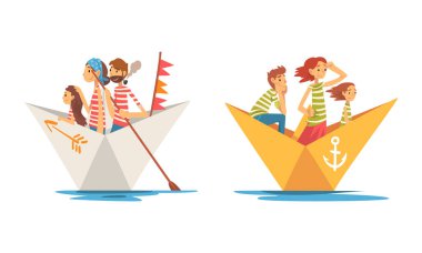 Çizgili Eşofmanlı Ebeveynler ve Çocuklar Nehir Boyu Vektör Kümesinde Yelken Açıyorlar