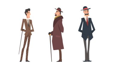 Seçkin Takım Elbiseli Viktorya Centilmeni Saygıdeğer Manner Ayakta Vektör Seti